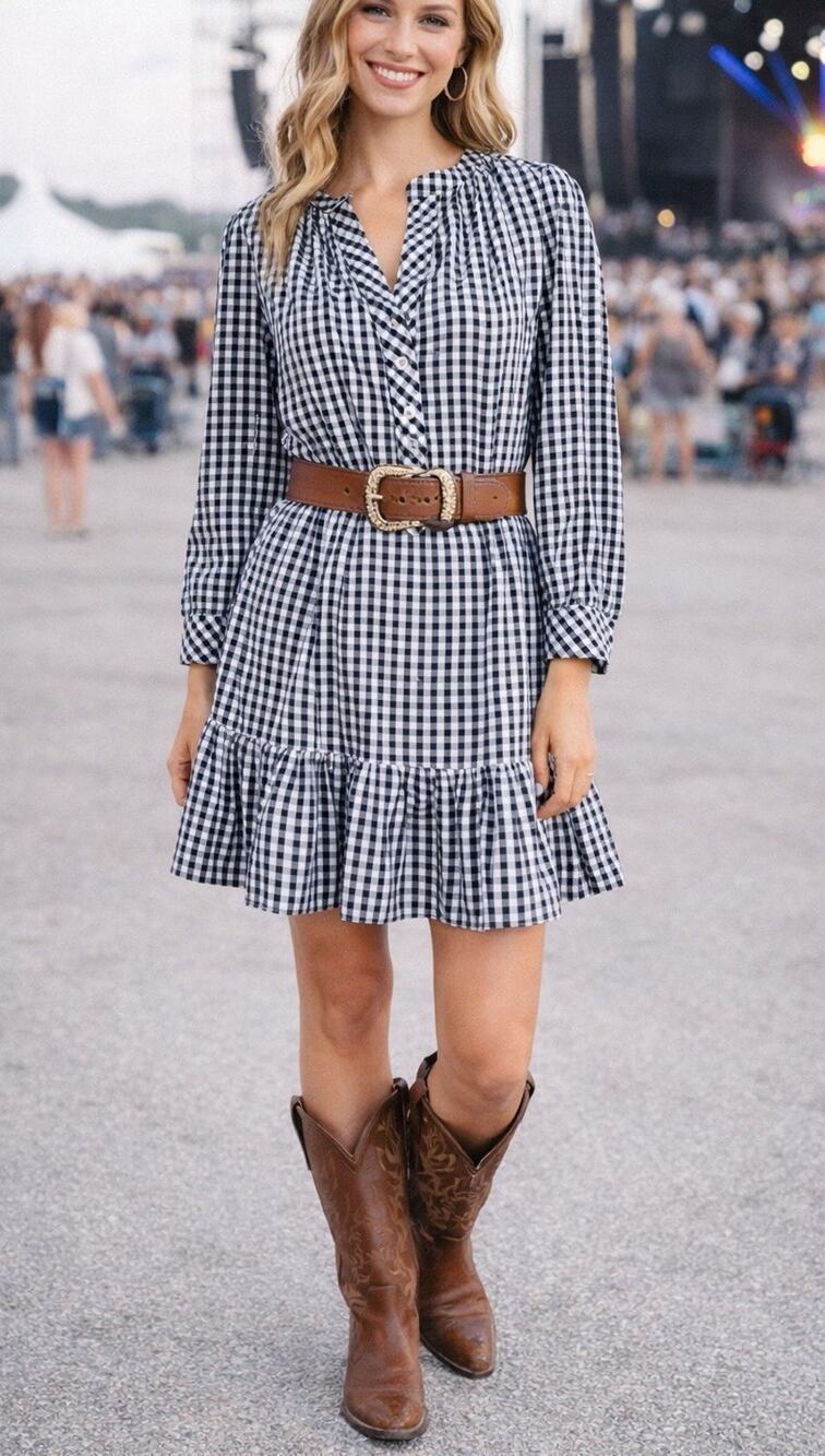 LOFT Black White Gingham Babydoll Tiered Long Sleeve Mini Shirt Dress S Cotton